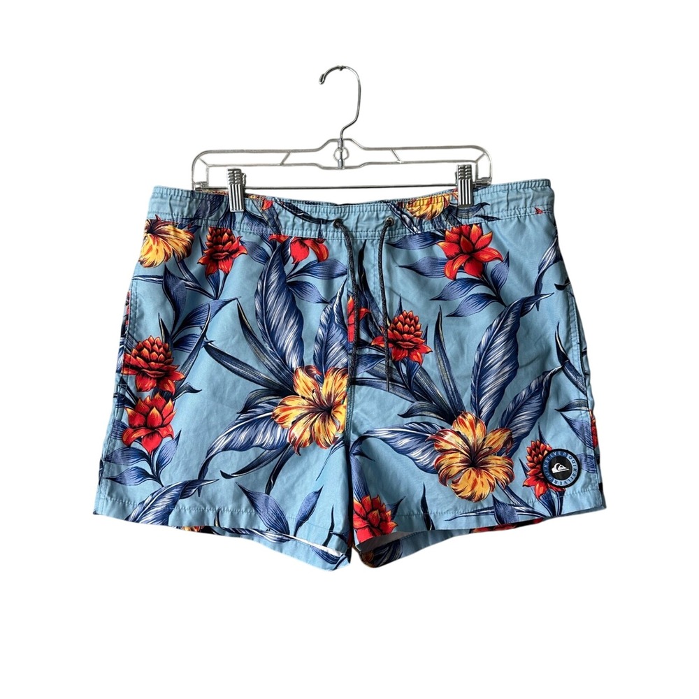 Quiksilver Floral Swim Trunks Volley Shorts Beach Surf Blue‎ Red L Large